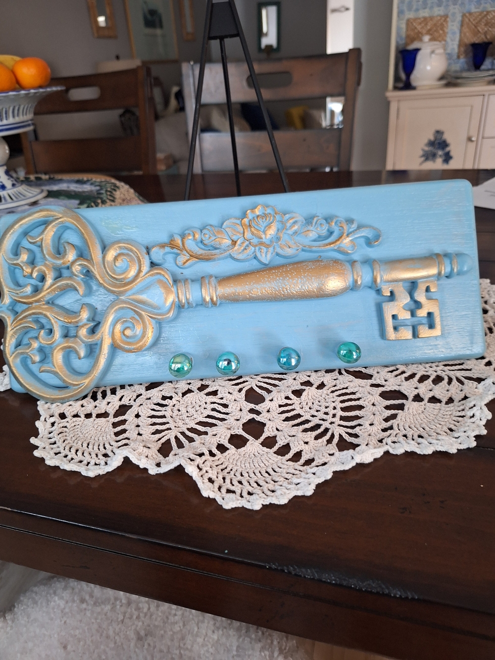 Blue and Gold Ornate Key Wall Hook Rack by